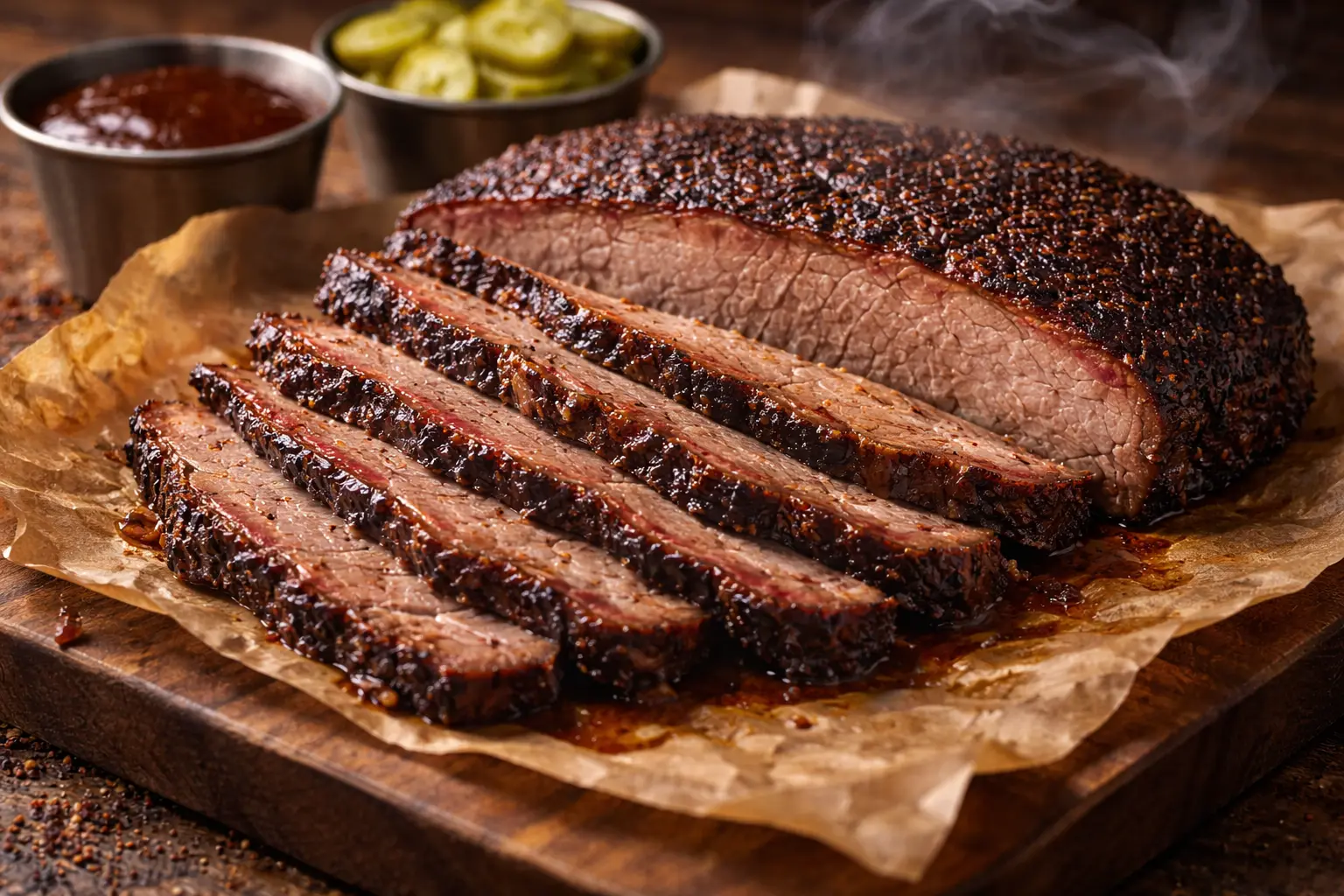 Sliced beef brisket on butcher paper