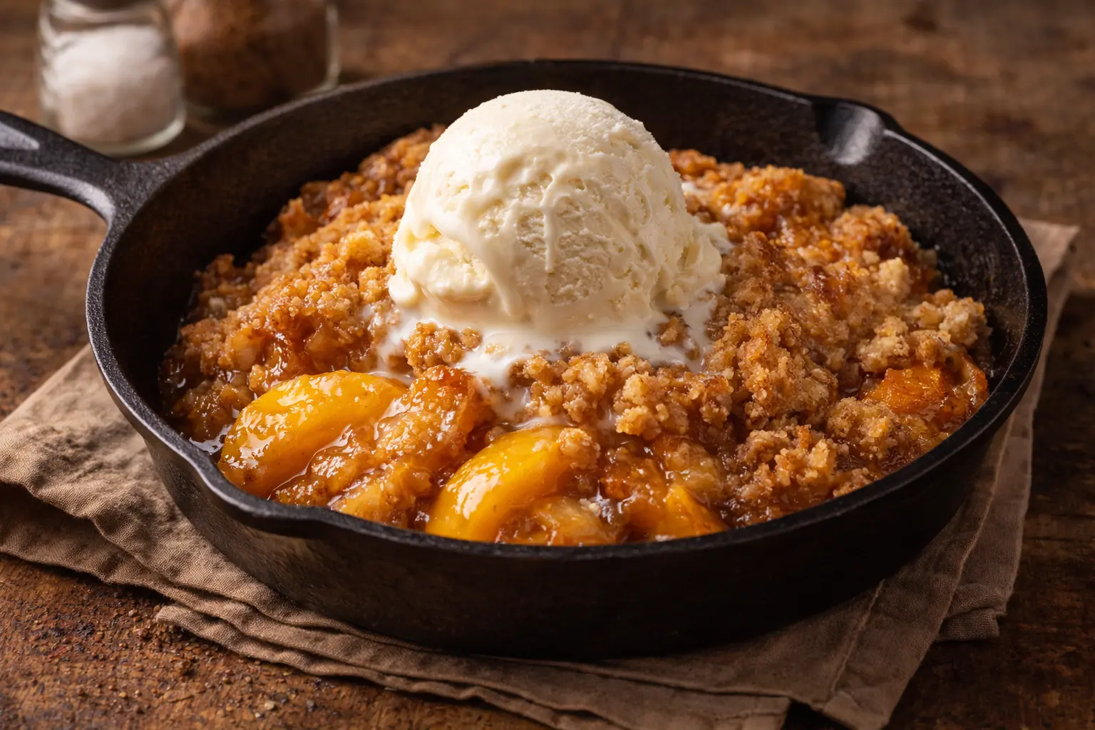Peach cobbler with vanilla ice cream