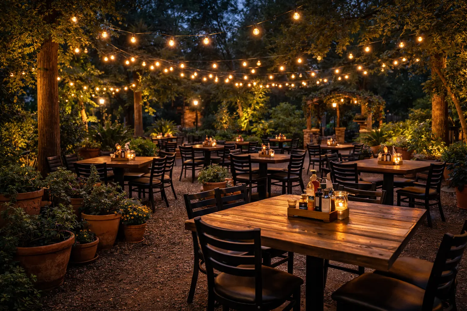 Outdoor patio garden with string lights
