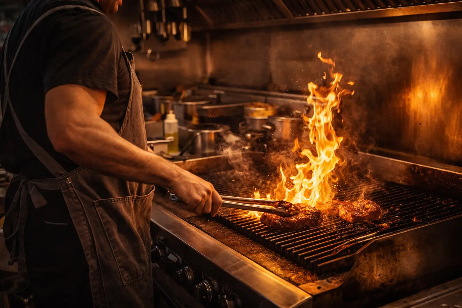 Kitchen with open grill and cooks in action